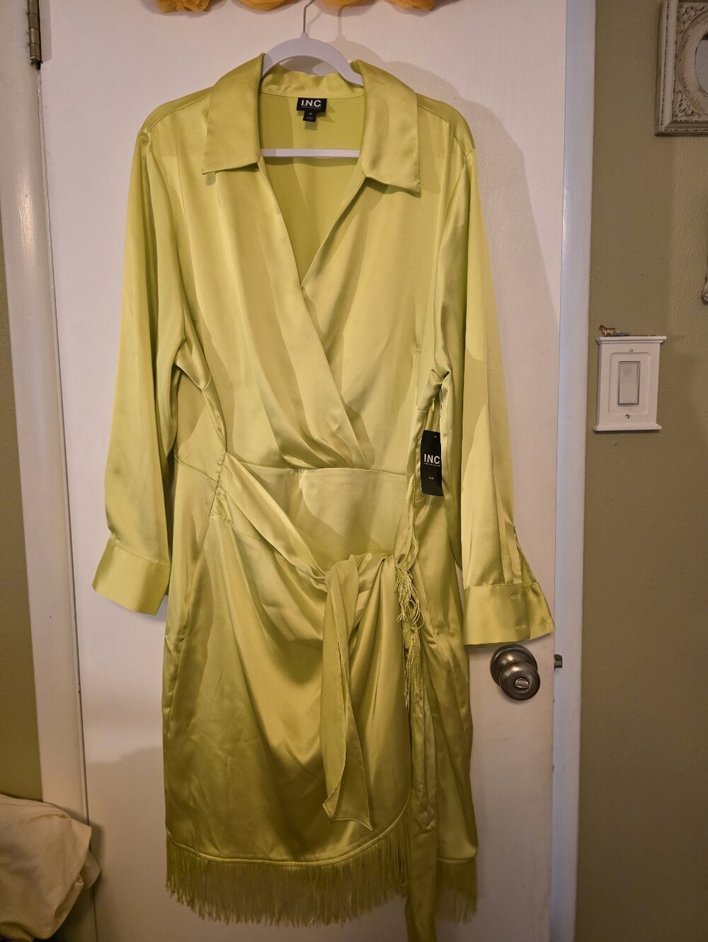 INC International Concepts Lime Green Satin Wrap Dress
